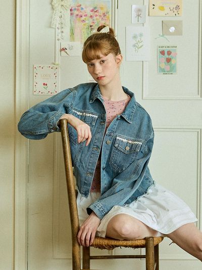 PINK PINEAPPLE ROSETTE DENIM JACKET_INDIGO