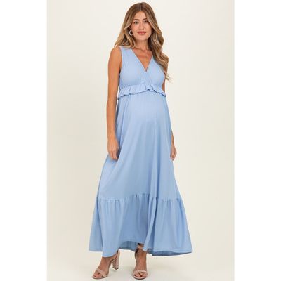 PinkBlush PinkBlush Blue Ribbed Sleeveless V-Neck Ruffle Tiered Maxi Dress