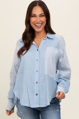 PinkBlush PinkBlush Blue Striped Colorblock Button Up Top