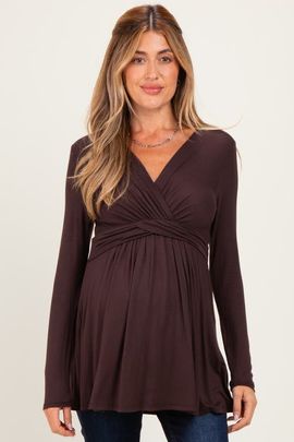 PinkBlush PinkBlush Brown Long Sleeve Draped Front Nursing Top 