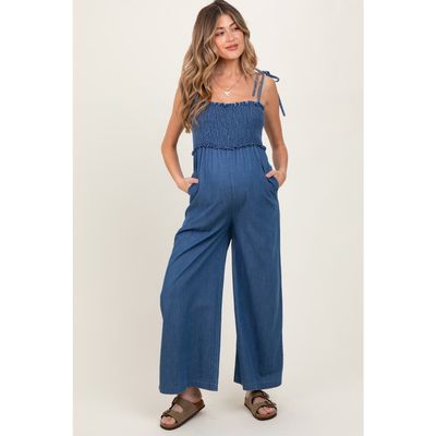 PinkBlush PinkBlush Chambray Shoulder Tie Smocked Jumpsuit