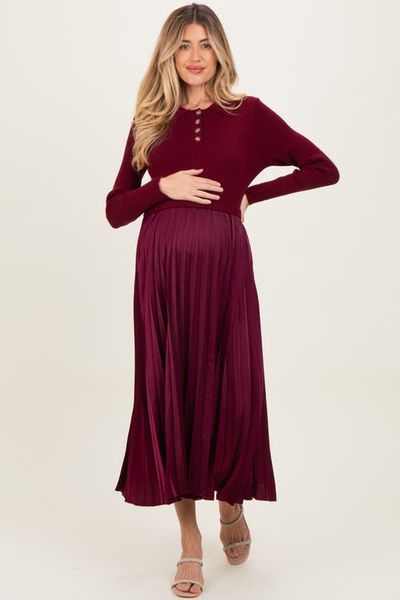 PinkBlush PinkBlush Collared Knit Contrast Pleated Skirt Midi Dress