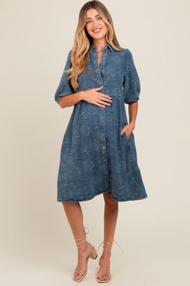 PinkBlush PinkBlush Denim Button Front Short Puff Sleeve Dress