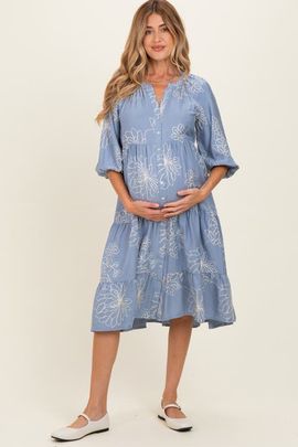 PinkBlush PinkBlush Embroidered Tiered Midi Shirt Dress