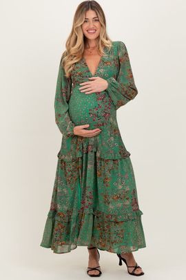PinkBlush PinkBlush Floral Chiffon V-Neck Long Sleeve Maxi Dress