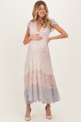 PinkBlush PinkBlush Floral Colorblock Tiered Maxi Dress