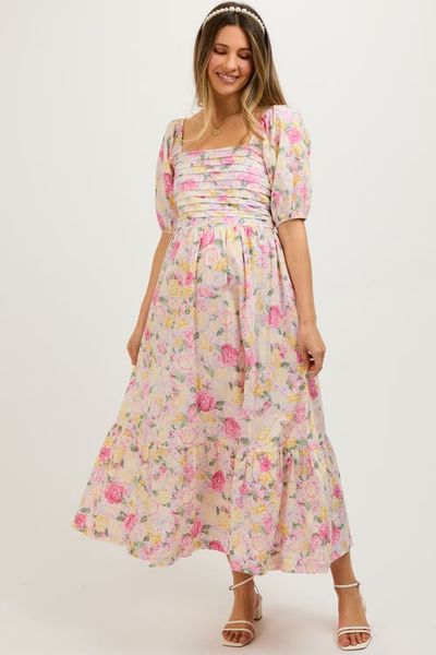 PinkBlush PinkBlush Floral Pleated Puff Sleeve Midi Dress