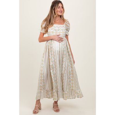 PinkBlush PinkBlush Floral Puff Sleeve Lace Trim Maxi Dress