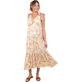 PinkBlush PinkBlush Floral Shoulder Tie Deep V-Neck Tiered Maxi Dress