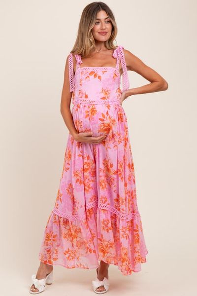 PinkBlush PinkBlush Floral Shoulder Tie Tiered Maxi Dress 