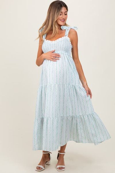 PinkBlush PinkBlush Floral Striped Smocked Shoulder Tie Maxi Dress