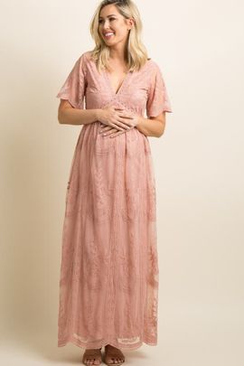 PinkBlush PinkBlush Lace Mesh Overlay Maxi Dress