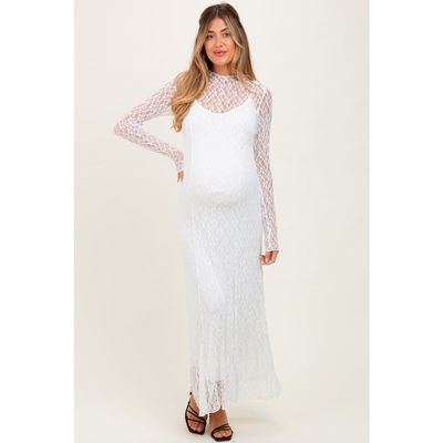 PinkBlush PinkBlush Lace Mock Neck Long Sleeve Maxi Dress
