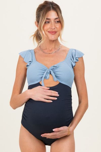 PinkBlush PinkBlush Ribbed Front Tie Cutout Ruched Maternity Swimsuit