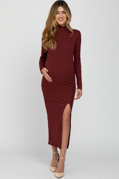 PinkBlush PinkBlush Ribbed Mock Neck Side Slit Maxi Dress