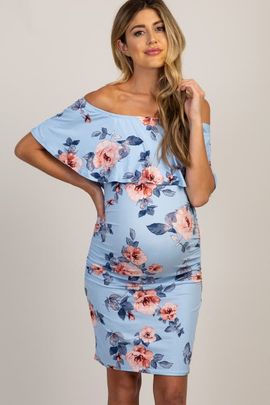 PinkBlush PinkBlush Rose Print Ruffle Fitted Maternity Dress