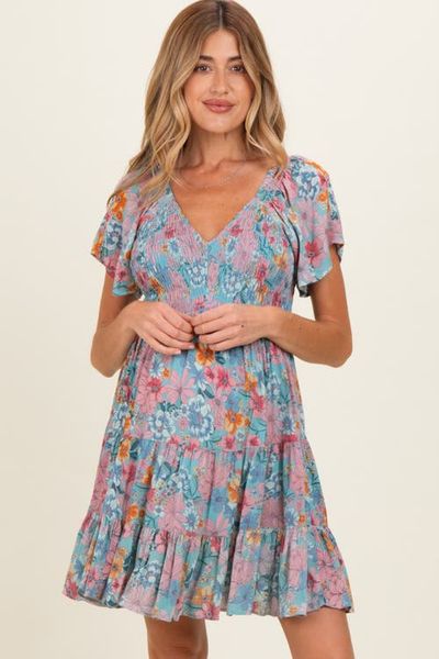 PinkBlush PinkBlush V Neck Smocked Bust Short Sleeve Short Dress