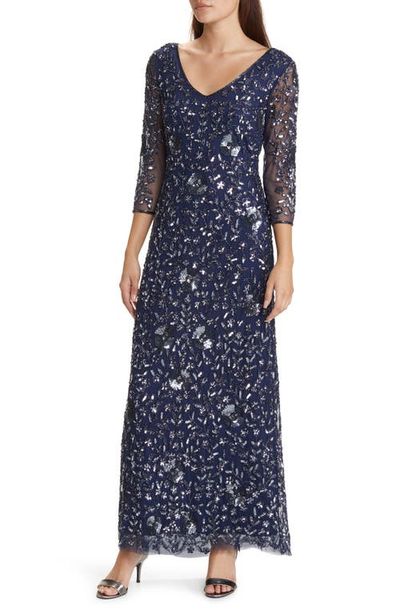 Pisarro Nights Pisarro Nights Beaded V-Neck Sheer Sleeve Cocktail Dress