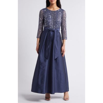 Pisarro Nights Pisarro Nights Bow Long Sleeve Sequin & Taffeta Gown