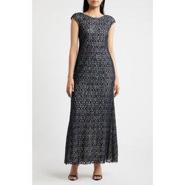 Pisarro Nights Pisarro Nights Crochet Bateau Neck A-line Gown