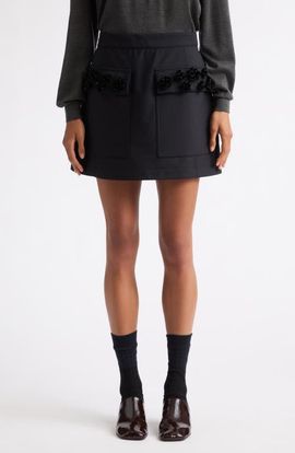 PLAN C PLAN C Floral Embellished Pocket Stretch Wool Miniskirt