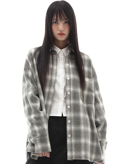 PLASMA SPHERE INK SHIRT IN GREEN GREY (Oversized-fit Checkered Shirt)