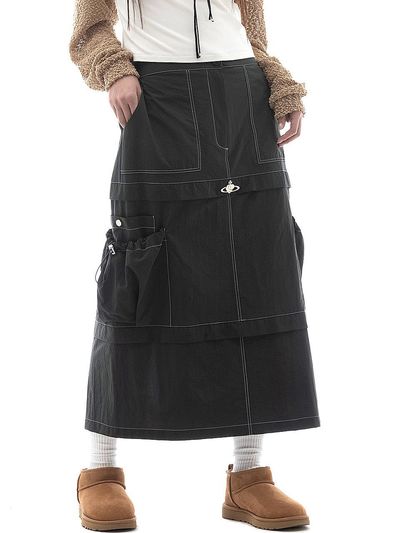 PLASMA SPHERE LAYER SKIRT IN DARK GREY (cargo long skirt)