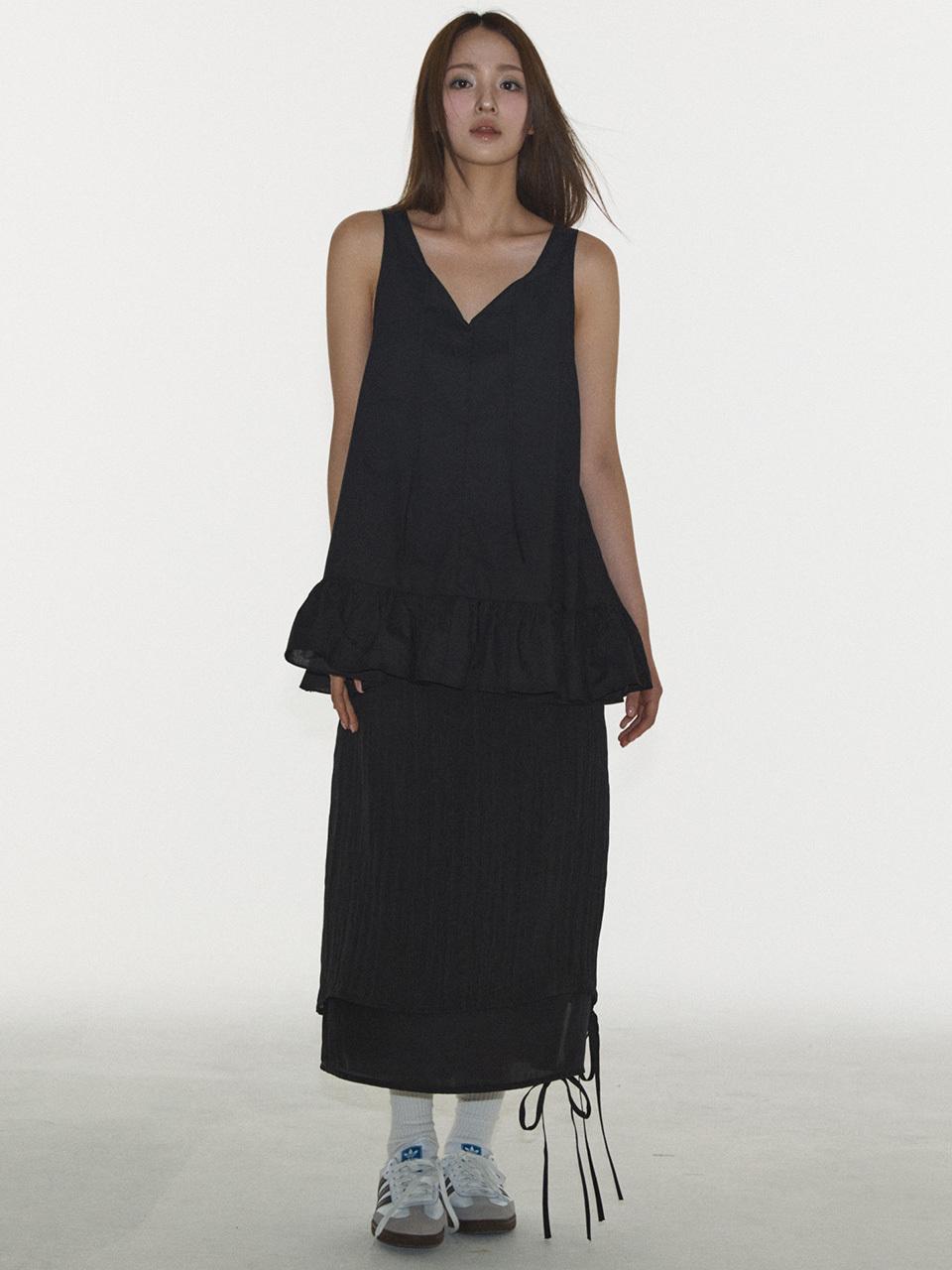 PLASMA SPHERE SHINE DOUBLE SKIRT IN BLACK (shirring long skirt)