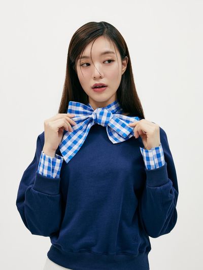 PLASTIC ISLAND Check Pattern Contrast Relaxed Fit Sweatshirt (PR2CL361)