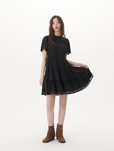 PLASTIC ISLAND Frilled Neckline Lace One-Piece Mini Dress (PR2WO509)