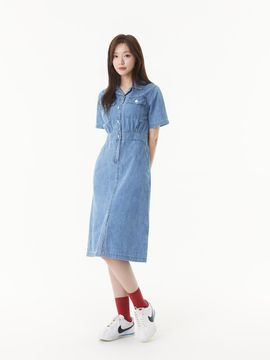 PLASTIC ISLAND Open Collar Pocket Detail Denim Dress (PR2DO963)
