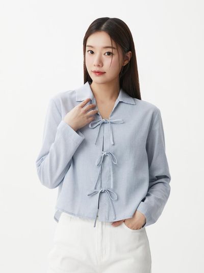 PLASTIC ISLAND Open Collar Ribbon Blouse (PR2WB863)
