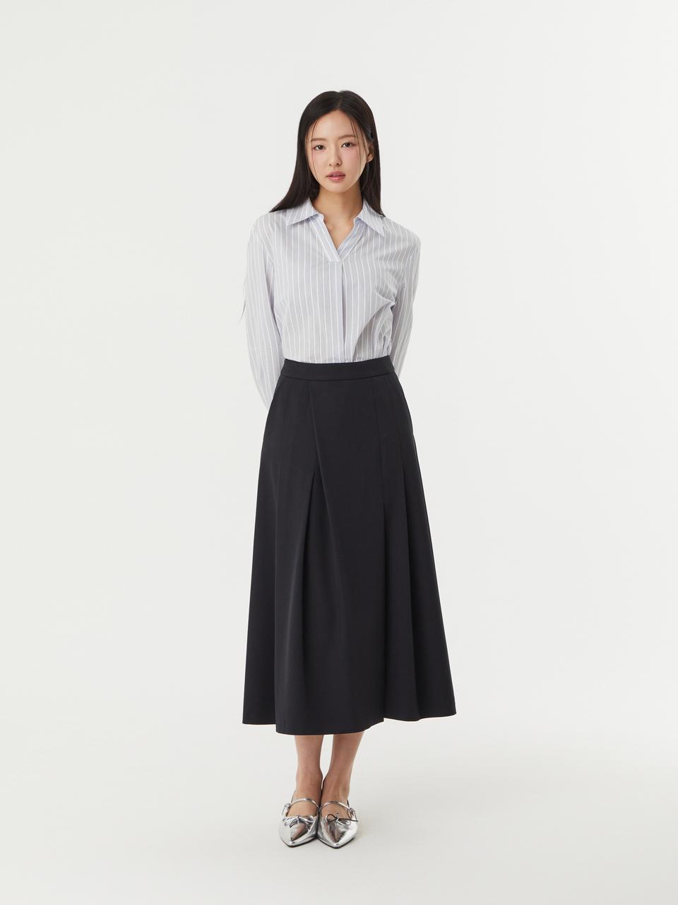 PLASTIC ISLAND Striped Open Collar Pleated Blouse (PR2WB362)