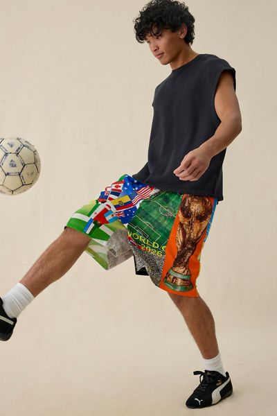PLEASURES PLEASURES Soccer Flag Pattern Paneled Wide Leg Shorts in Assorted, Men's at Urban Outfitters