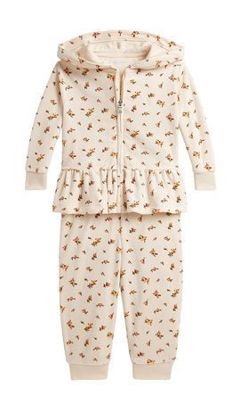 Polo Ralph Lauren Polo Ralph Lauren Baby Two Piece Set Long Sleeve Velour Floral Printed Ruffle Full-zip With Jogger