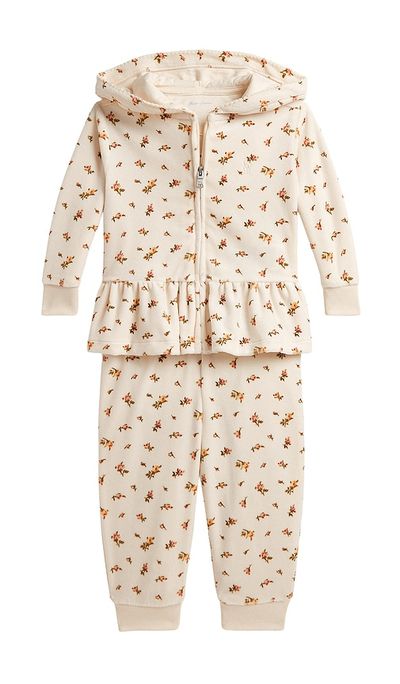 Polo Ralph Lauren Polo Ralph Lauren Baby Two Piece Set Long Sleeve Velour Floral Printed Ruffle Full-zip With Jogger