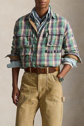 Polo Ralph Lauren Polo Ralph Lauren Brushed Check Oxford Shirt Top in Green Check, Men's at Urban Outfitters