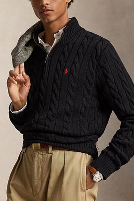 Polo Ralph Lauren Polo Ralph Lauren Cable Knit Cotton Half-Zip Sweater in Black, Men's at Urban Outfitters