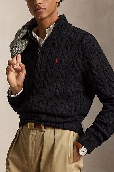 Polo Ralph Lauren Polo Ralph Lauren Cable Knit Cotton Half-Zip Sweater in Black, Men's at Urban Outfitters