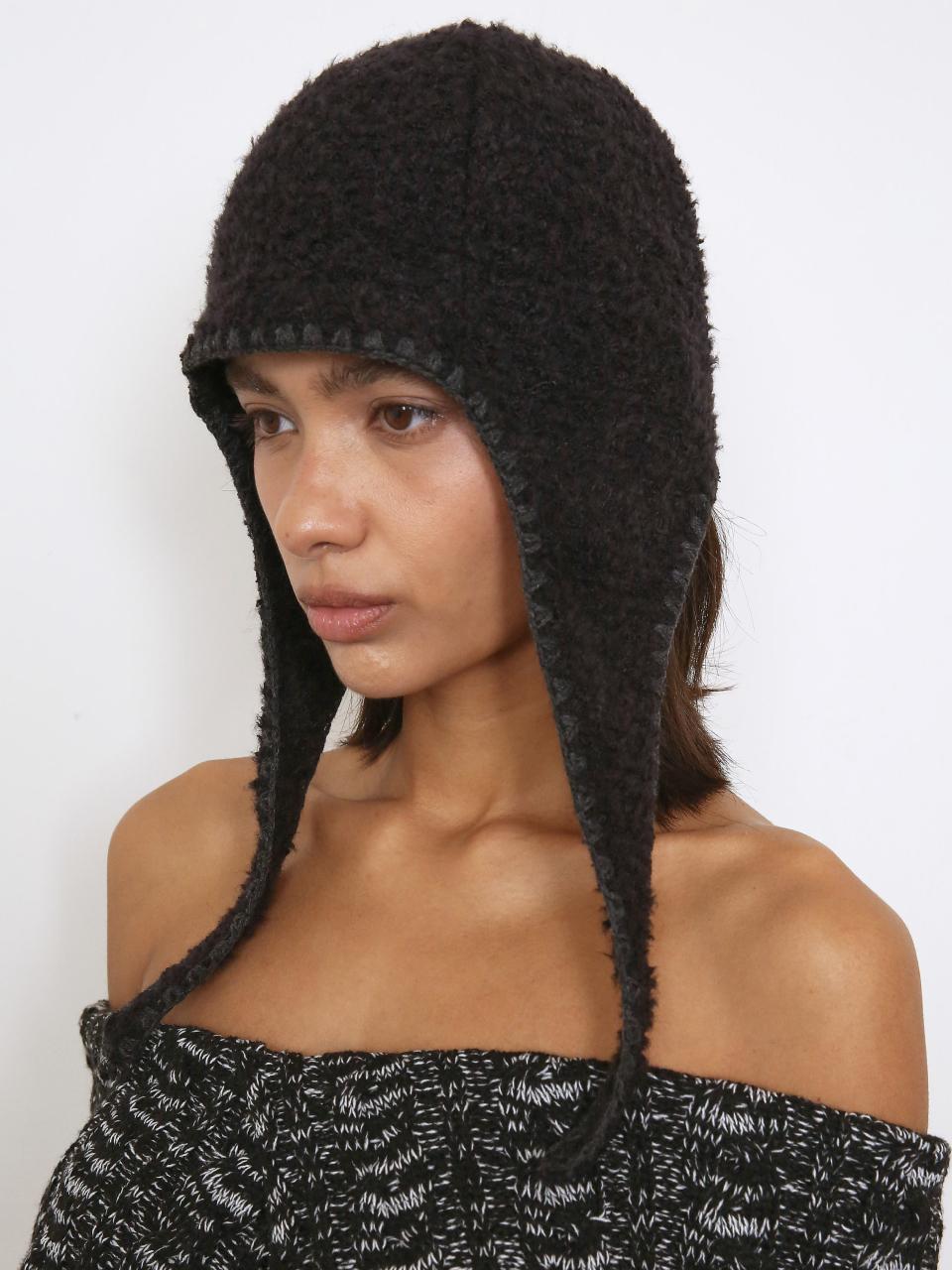 Polysooem BOHO STITCHED AVIATOR BEANIE, BLACK