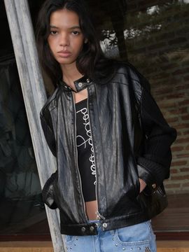 Polysooem RIBBED PANEL BIKER JACKET [BLACK]