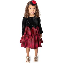 Popatu Popatu Kids' Check Long Sleeve Velvet Bodice Tiered Dress
