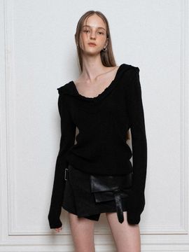 Porta OFF - SHOULDER HOODED KNIT, BLACK