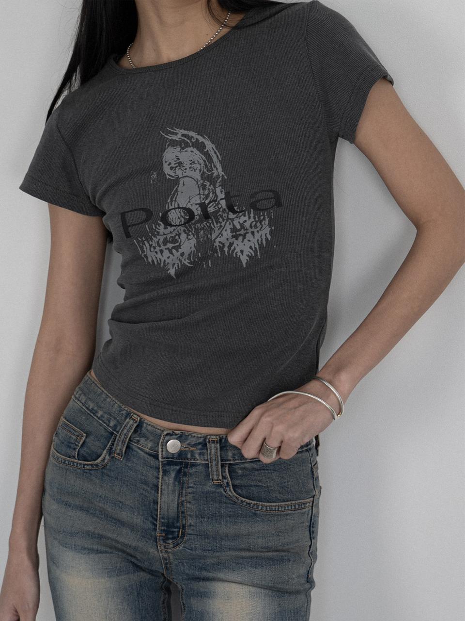 Porta PORTA RIBBED SLIM U NECK TOP, CHACOAL