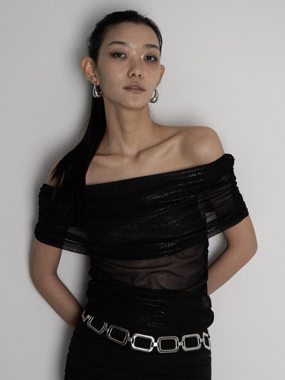 Porta SPARKLE SHIRRING OFF-SHOULDER TOP, BLACK