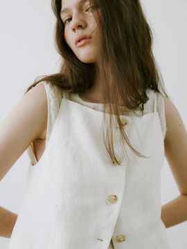 PoshyFreckles Button Linen Jacket Vest_Classic White