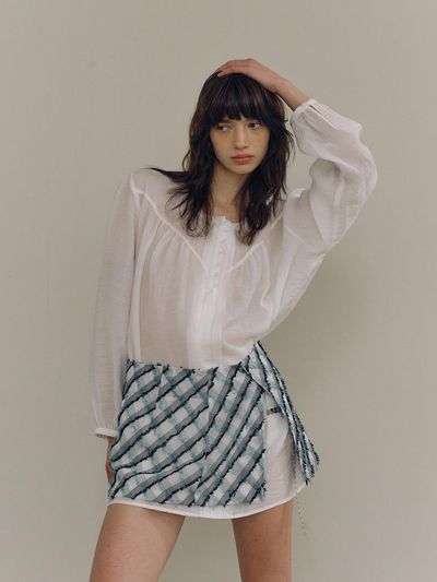PoshyFreckles Fringe Check Wrap Skirt [Sage Green]