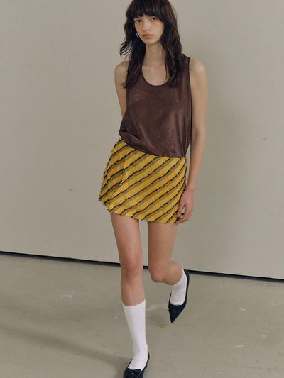 PoshyFreckles Fringe Check Wrap Skirt [Yellow]