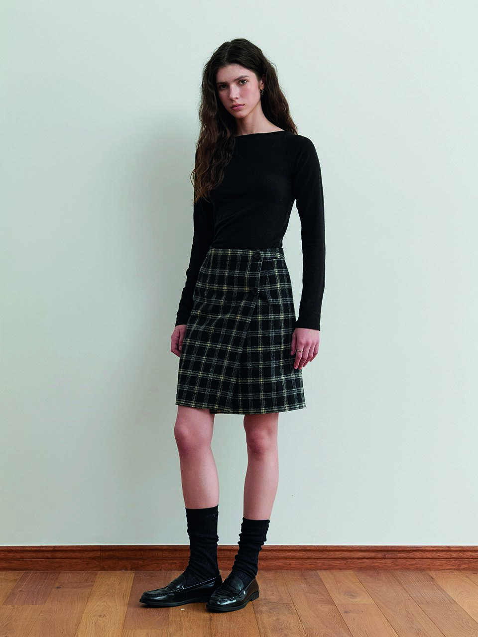 Posite Double Wrap Check Skirt - Black