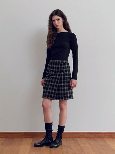 Posite Double Wrap Check Skirt - Black